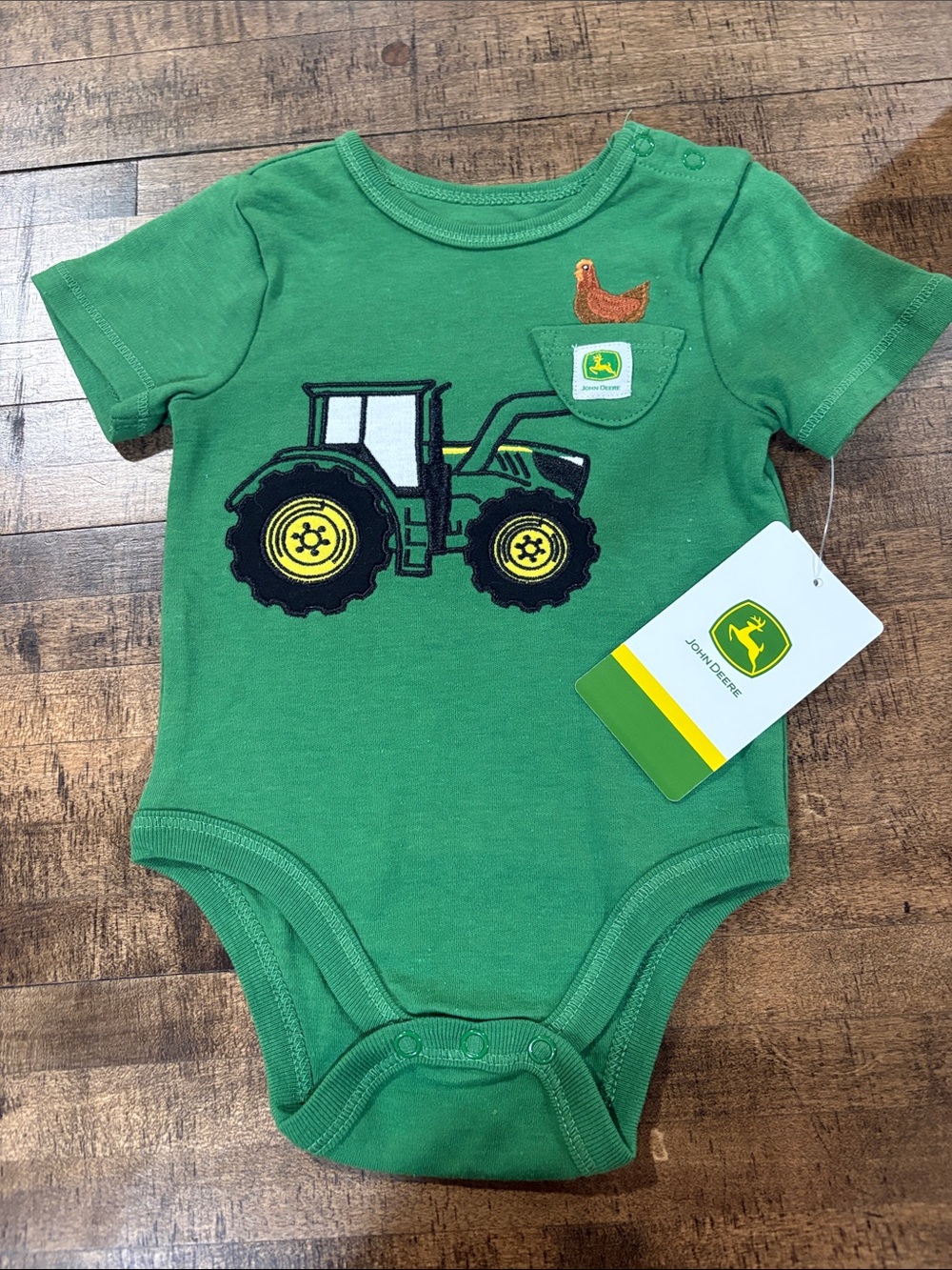 John Deere Green Tractor & Hen Baby Bodysuit